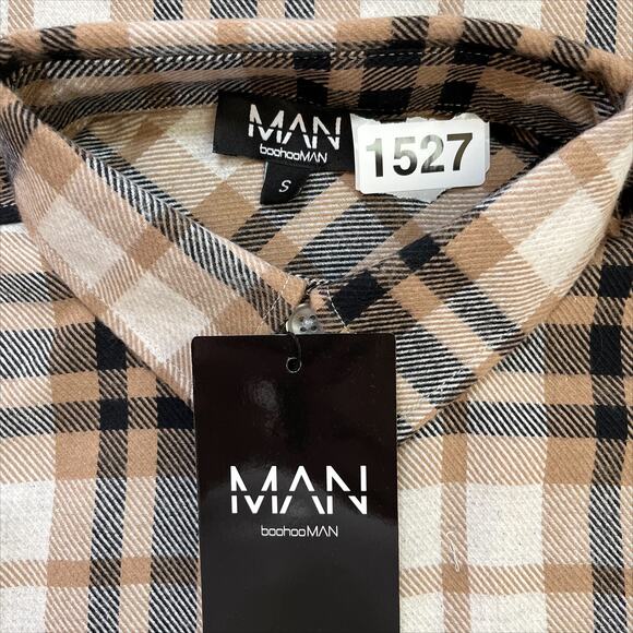 Boohoo Man Long Sleeve Checked Overshirt in Taupe Size Small - Picture 14 of 14